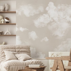 Beige Sky Cloud Wall Mural - Abstract Neutral Sky Wallpaper - Soft Clouds Nursery Design Removable AM021