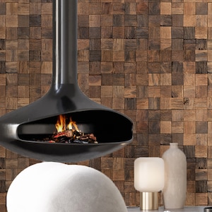 Wood Block Mosaic Peel and Stick Wallpaper – Reclaimed Wood Rustic Timber Wall Mural  A005