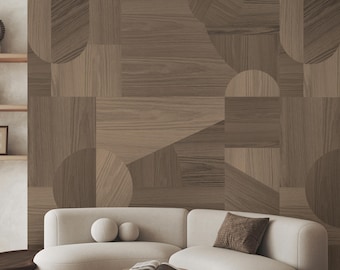 Walnut Faux Wood Wall Mural - Wooden Mosaic Peel and Stick Japandi Geometric Wallpaper AM095