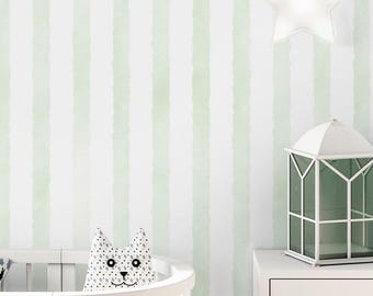 Sage Green Watercolor Stripe Wallpaper - Vertical Striped Peel and Stick Nursery Wall Mural A059