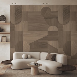 Walnut Wood Texture Self Adhesive Wall Mural - Wooden Mosaic Peel & Stick Decal - Japandi Geometric Shapes Removable Wallpaper AM095
