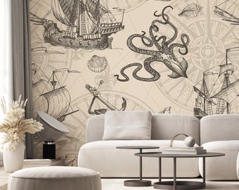 Vintage Nautical Ship Sketch Wall Mural - Old Pirate Ocean Map Octopus Maritime Wallpaper AM168