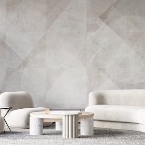 Beige Grey Geometric Shapes Self Adhesive Wall Mural - Neutral Abstract Peel and Stick Decal - Minimalist Design Removable Wallpaper AM019