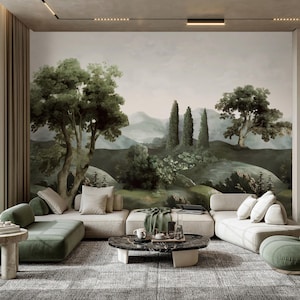 Green Vintage Landscape Peel and Stick Wall Mural - Retro Scenic Panorama Botanical Wallpaper AM118