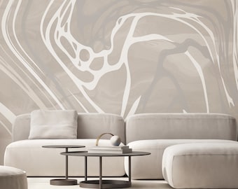 Beige White Water Ripples Self Adhesive Wall Mural - Neutral Abstract Peel & Stick Wall Decal - Minimalist Design Removable Wallpaper AM011