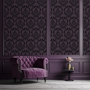 Dark Purple Damask Peel & Stick Wallpaper - Antique Rococo Ornament Removable Wallcover - Royal Victorian Self Adhesive Wall Mural A027
