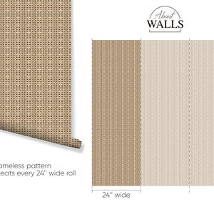 Beige basket weave wallpaper, renter-friendly self-adhesive wall covering.