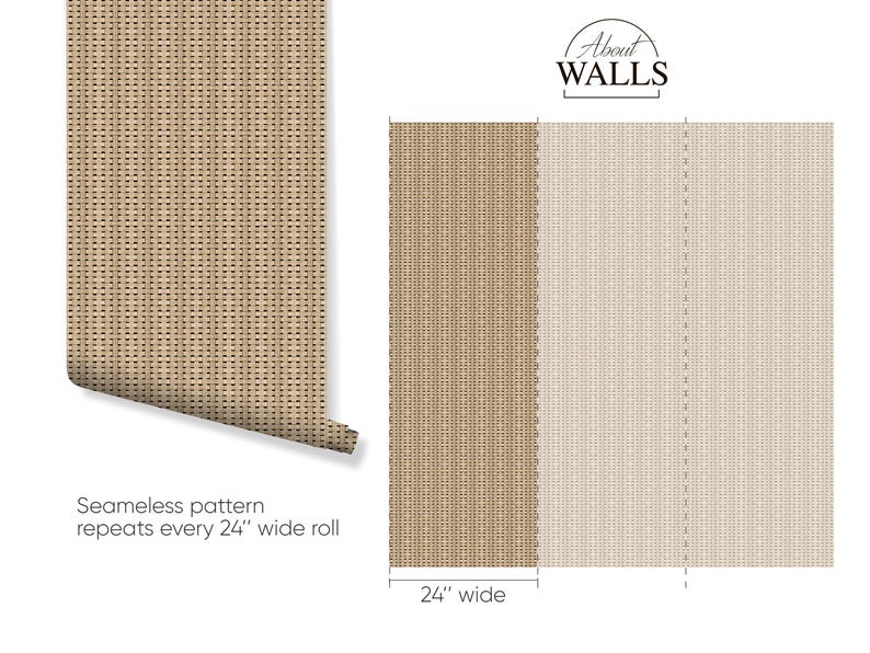 Beige basket weave wallpaper, renter-friendly self-adhesive wall covering.
