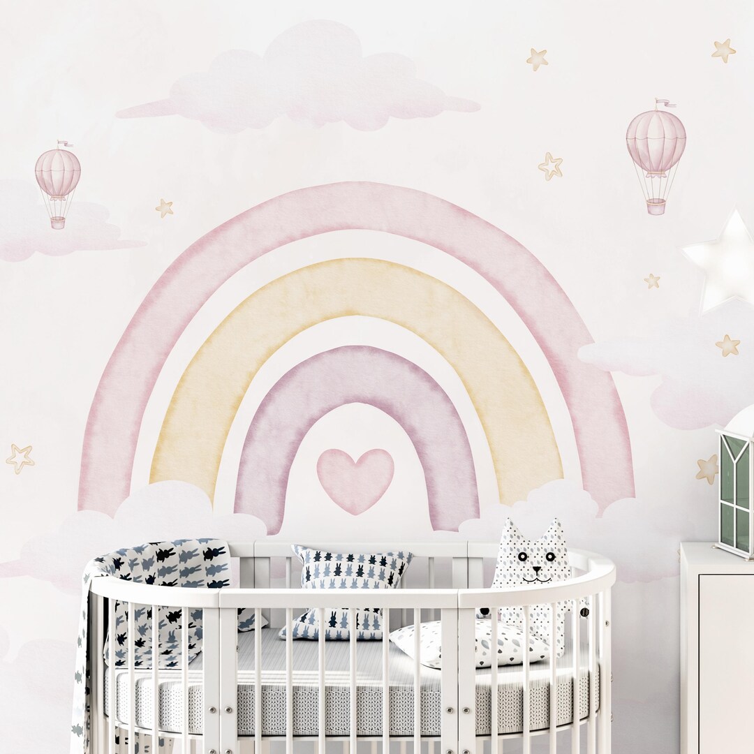 Pastel Pink Rainbow Peel and Stick Wall Mural - Cute Watercolor ...