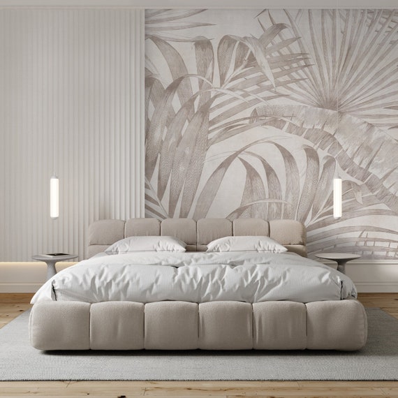 Beige Tropical Palm Leaf Wall Mural – Minimal Boho Line Art Leaves Botanical Wallpaper AM023