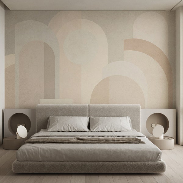 Soft Beige Geometric Shapes Self Adhesive Wall Mural - Boho Arches Peel & Stick Wall Decal - Removable Neutral Scandinavian Wallpaper AM003
