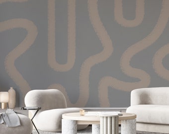 Gray & Brown Lines Self Adhesive Wall Mural - Abstract Boho Peel and Stick Wall Decal - Minimalist Design Removable Wallpaper AM042