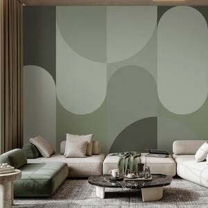 Abstract Green Arches Peel & Stick Wall Mural - Boho Geometric Shapes Removable Wallcover -  Scandinavian Self Adhesive Wallpaper AM064
