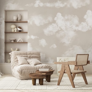 Beige Sky & Clouds Peel and Stick Wall Mural - Abstract Neutral Self Adhesive Wall Decal - Minimalist Design Removable Wallpaper AM021