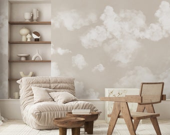 Beige Sky & Clouds Peel and Stick Wall Mural - Abstract Neutral Self Adhesive Wall Decal - Minimalist Design Removable Wallpaper AM021