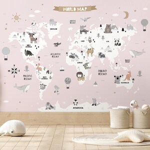 Pink World Map With Animals Peel & Stick Wall Mural - Cartoon Print Self Adhesive Wallcover - Pastel Cute Animals Removable Wallpaper AM115
