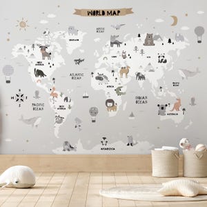 Gray World Map With Animals Peel & Stick Wall Mural - Cartoon Print Self Adhesive Wallcover - Pastel Cute Animals Removable Wallpaper AM114