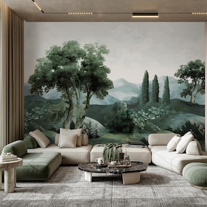 Green Vintage Landscape Peel & Stick Wall Mural - Retro Meadow Self Adhesive Wallpaper - Elegant Botanical Style Removable Wallcover AM118