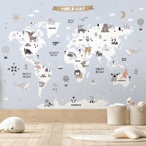 Blue World Map With Animals Peel & Stick Wall Mural - Cartoon Print Self Adhesive Wallcover - Pastel Cute Animals Removable Wallpaper AM113