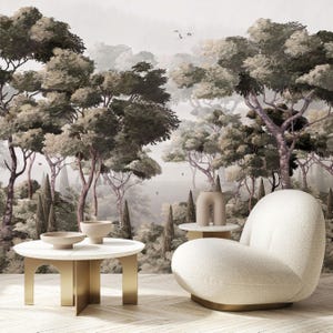 Vintage Landscape Peel and Stick Wall Mural - Dark Retro Forest Self Adhesive Wallcover - Elegant Botanical Style  Removable Wallpaper AM117