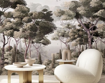 Neutral Woodland Landscape Scenic Tree Peel and Stick Wall Mural - Misty Forest Wallpaper AM117