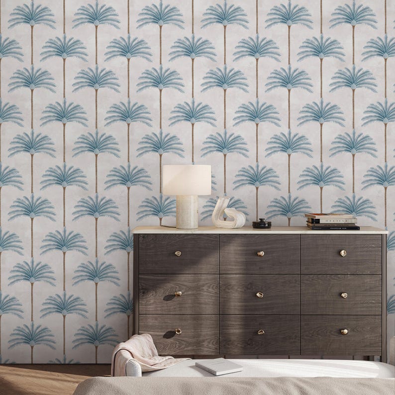 Blue Palm Tree Coastal Wallpaper - Tropical Botanical Peel and Stick ...