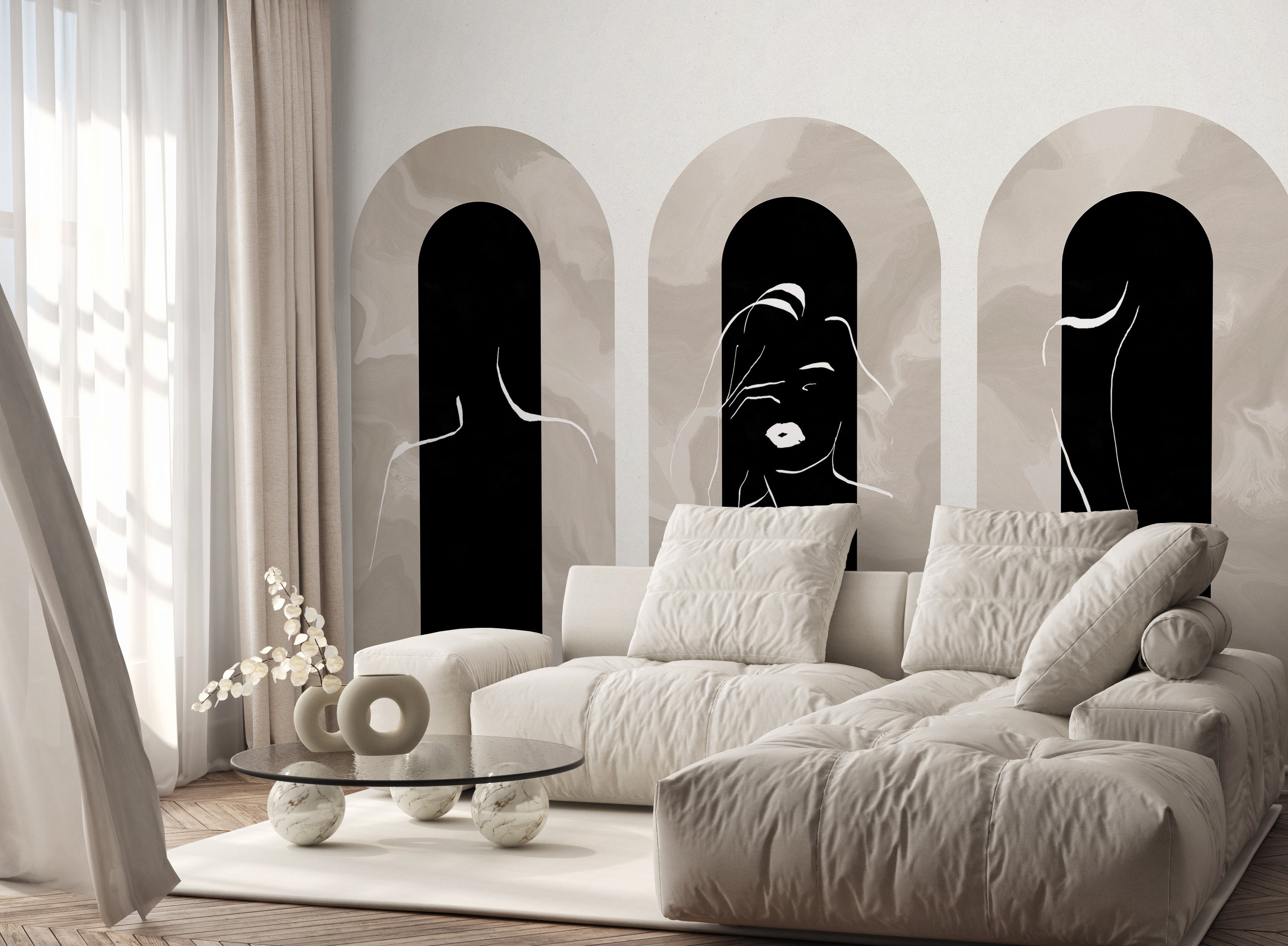 Minimalist Arch Line Art Wall Mural - Taupe Female Silhouette Peel and ...