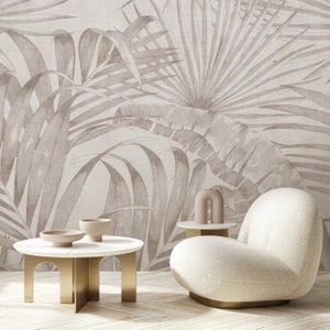 Minimal line art jungle wallpaper featuring layered banana and palm fronds.