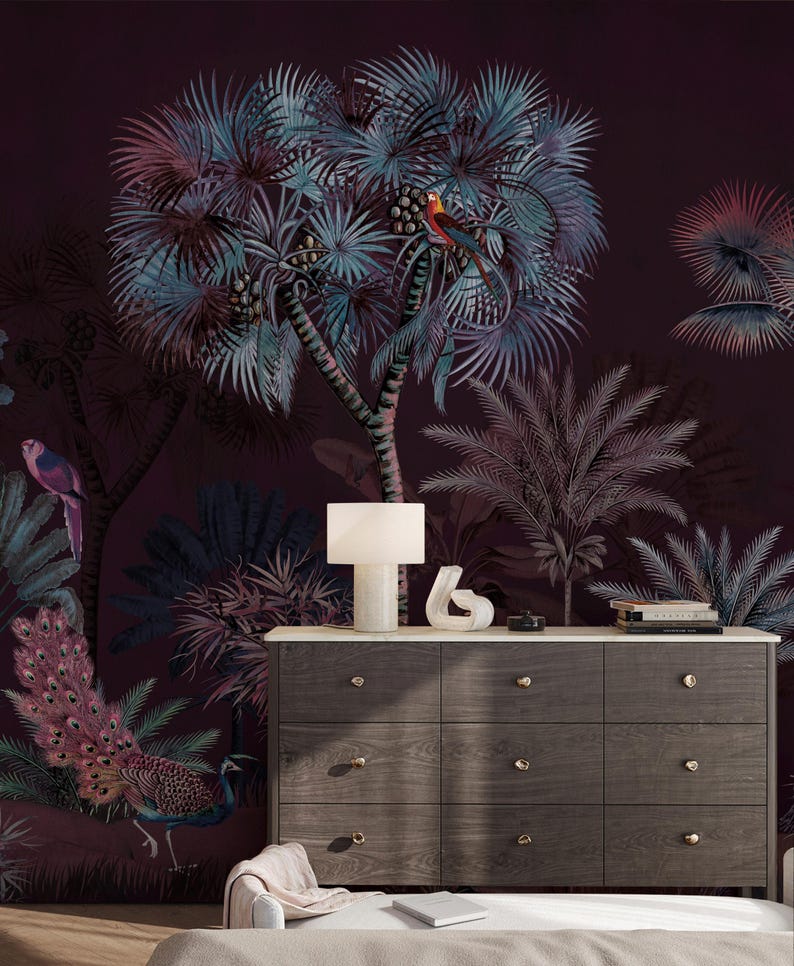 Dark Purple Tropical Jungle Coastal Wall Mural - Botanical Palm Tree ...