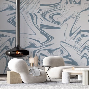 Grey Blue Abstract Paint Self Adhesive Wall Mural - Boho Style Peel and Stick Wall Decal - Minimalist Design Removable Wallpaper AM026