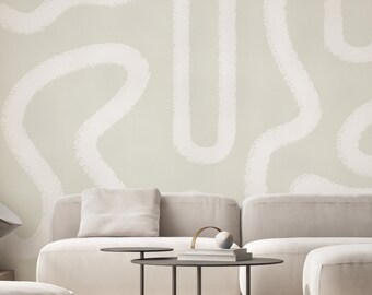 Beige Abstract Line Wall Mural -  Minimalist Geometric Peel and Stick Modern Boho Wallpaper AM044
