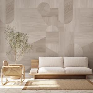 Light Oak Wood Texture Self Adhesive Wall Mural - Wooden Mosaic Peel & Stick Decal - Japandi Geometric Shapes Removable Wallpaper AM096