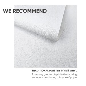 K&ouml;nnte beinhalten: Nahaufnahme eines wei&szlig;en, strukturierten Papiers. Das Papier hei&szlig;t "Traditional Plaster Type II Vinyl". Der Text lautet: "Um dem Zeichnen mehr Tiefe zu verleihen, empfehlen wir die Verwendung dieses Papiertyps."