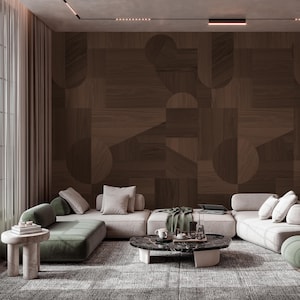 Dark Walnut Wood Texture Self Adhesive Wall Mural - Wooden Mosaic Peel & Stick Decal - Japandi Geometric Shapes Removable Wallpaper AM098