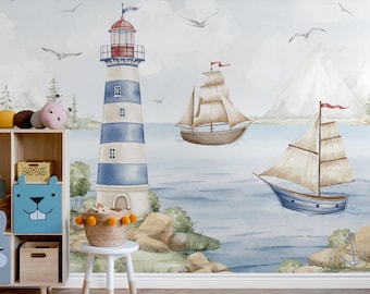 Blue Nautical Lighthouse Nursery Wall Mural - Watercolor Sailboat Peel and Stick Ocean Wallpaper AM149