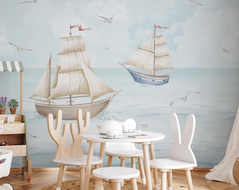Sailboats Nursery Seagulls Sky Wall Mural - Watercolor Nautical Coastal Ocean Wallpaper AM151
