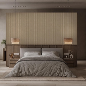 Beige basket weave wallpaper, renter-friendly self-adhesive wall covering.