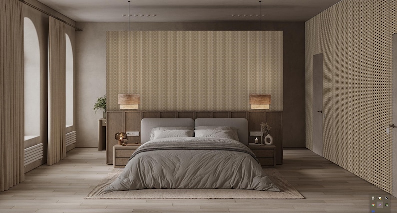 Beige basket weave wallpaper, renter-friendly self-adhesive wall covering.