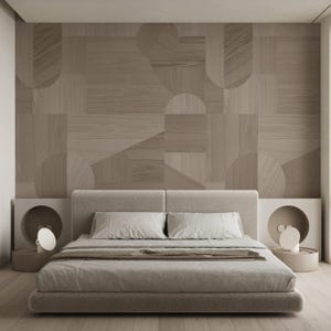 Oak Wood Texture Self Adhesive Wall Mural - Beige Wooden Mosaic Peel & Stick Decal - Japandi Geometric Shapes Removable Wallpaper AM097