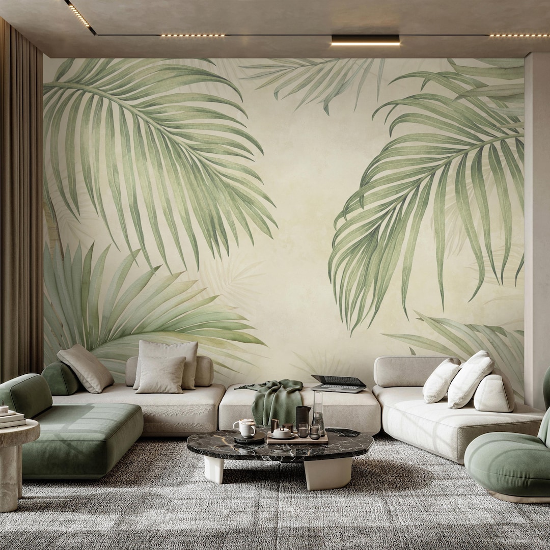 Beige Tropical Palm Leaf Wall Mural - Neutral Botanical Peel and Stick ...