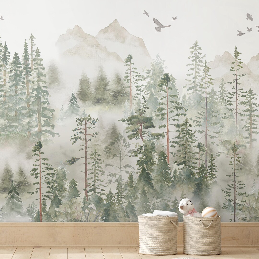 Green Misty Forest Mountain Wall Mural - Watercolor Woodland Nursery ...