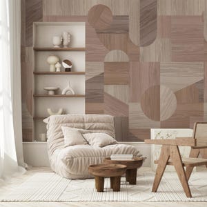 Wood Texture Composition Self Adhesive Wall Mural - Wooden Abstract Peel & Stick Decal - Japandi Geometric Shapes Removable Wallpaper AM094