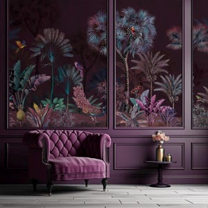 May include: A luxurious interior featuring a deep purple tufted armchair, a small side table, and a wall mural. The mural depicts a tropical scene with lush foliage, birds, and a peacock. The color palette includes shades of purple, teal, and gold.