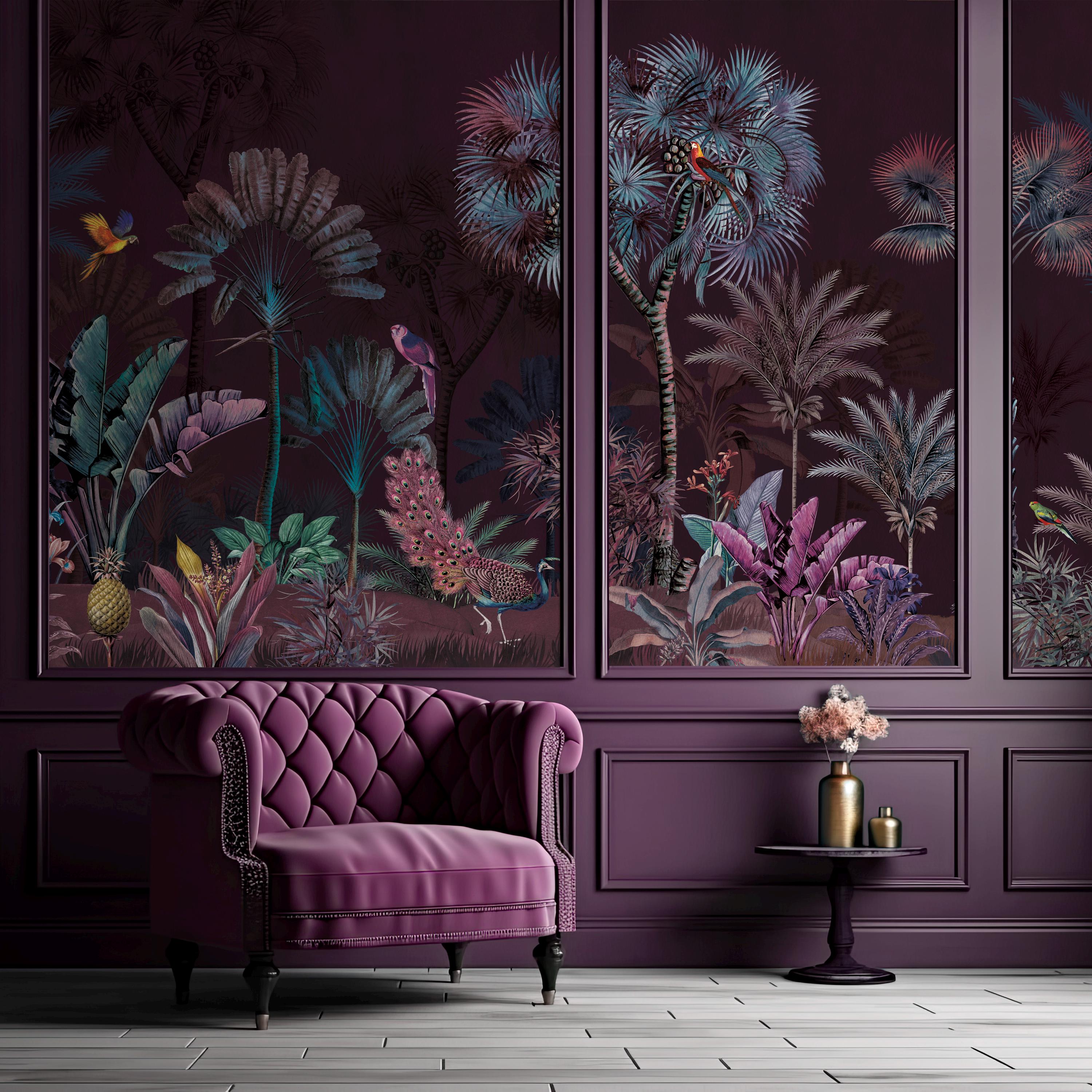 Dark Purple Tropical Jungle Coastal Wall Mural - Botanical Palm Tree ...