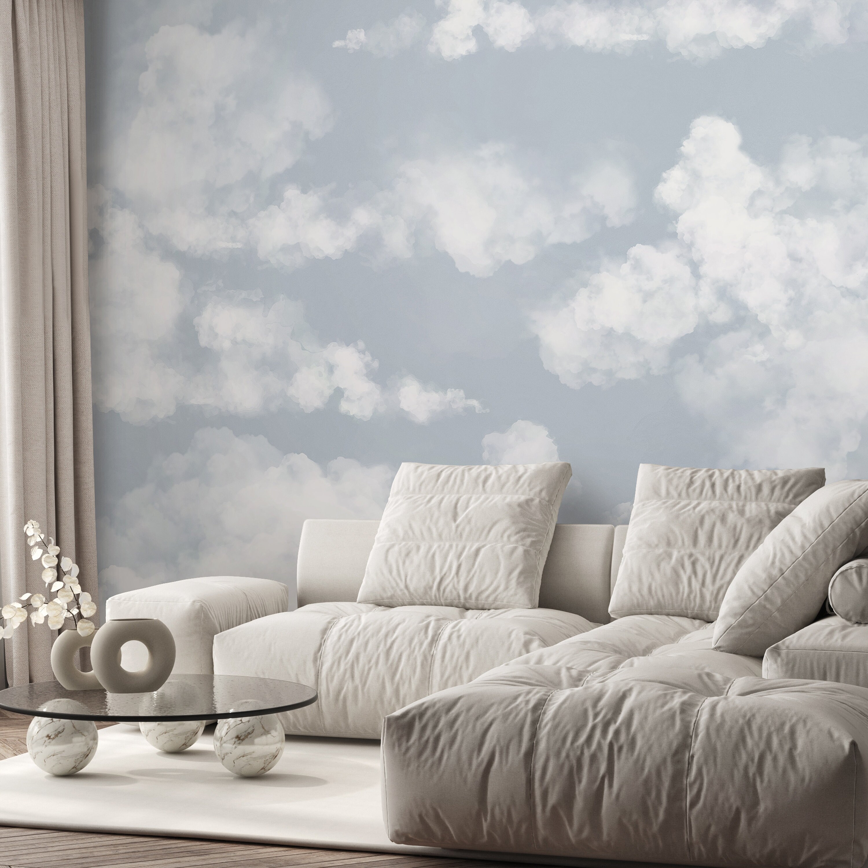 Pastel Blue Sky Cloud Wall Mural - Abstract Watercolor Nursery Peel and ...