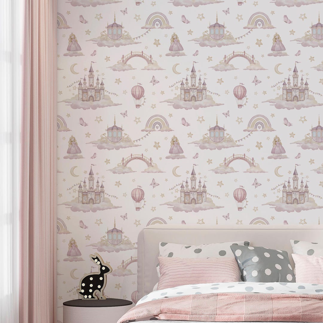 Princess Castle Nursery Wallpaper – Pastel Fairy Tale Rainbows Pink ...