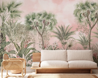 Pink Tropical Palm Tree Wall Mural - Botanical Jungle Peel and Stick Leaves Wallpaper AM179