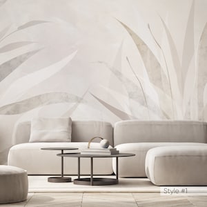 Beige Gray Leaves Peel & Stick Wall Mural -  Abstract Self Adhesive Wall Decal - Neutral Floral Design Removable Wallpaper AM078