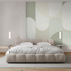 Abstract Beige Green Arches Peel & Stick Wall Mural - Boho Geometric Shape Removable Wallcover - Scandinavian Self Adhesive Wallpaper AM066
