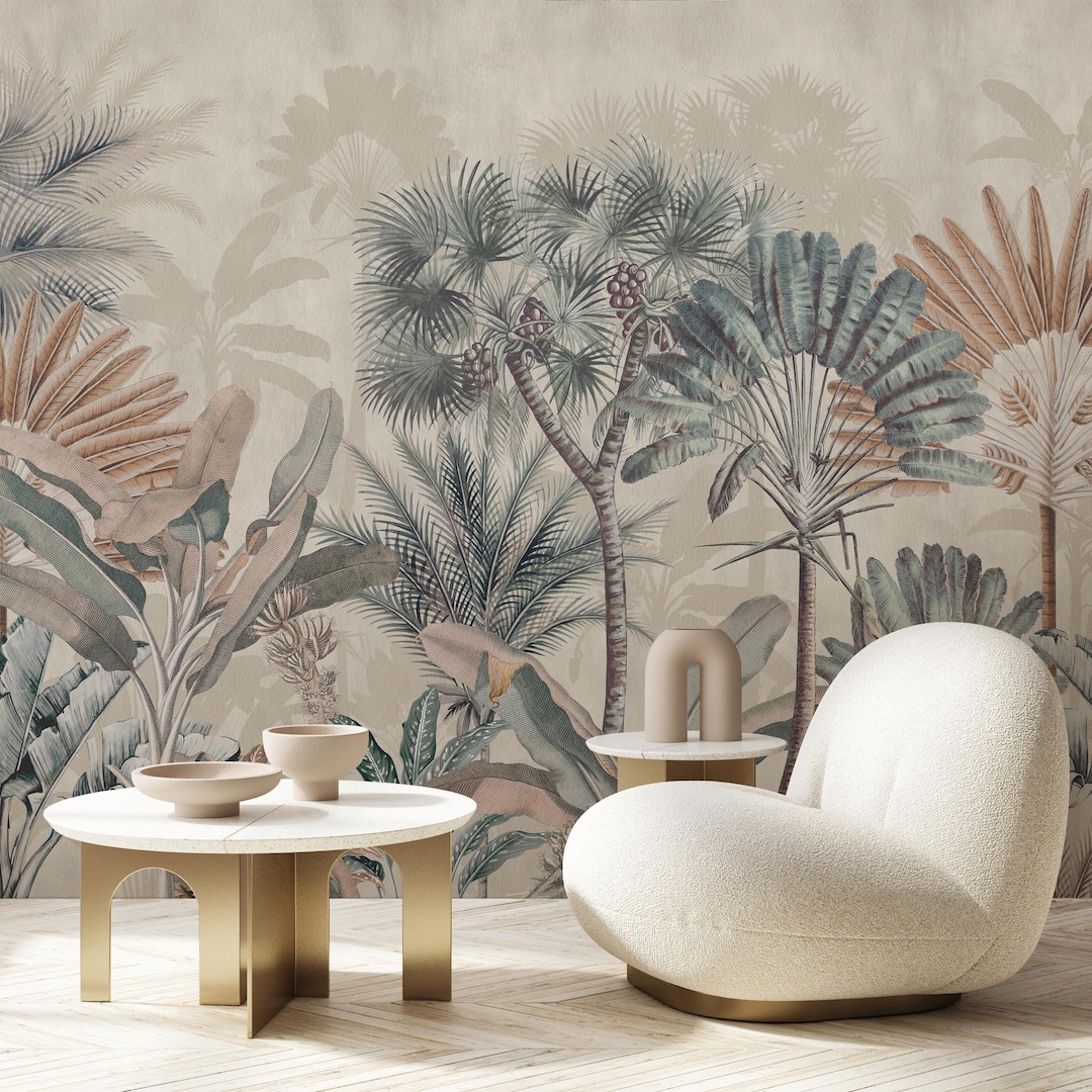 Beige Tropical Palm Tree Wall Mural - Botanical Jungle Leaves Peel and ...